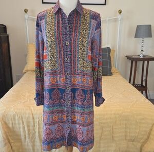 Anthropologie Multicolor Paisley Button-Front Long Sleeve Dress - Blue/Orange